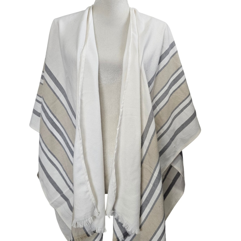 Striped Open Front Wrap Poncho Cream Tan Grey One Size